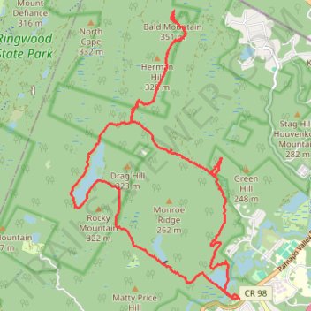 Ramapo Valley County Reservation Loop Hike: Scarlet Oak Pond, Bald Mountain, Bear Swamp Lake, MacMillan Reservoir trail, distance, elevation, map, profile, GPS track