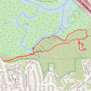 Annies Canyon Trail and Gemma Parks Loop in San Elijo Lagoon Ecological Reserve trail, distance, elevation, map, profile, GPS track