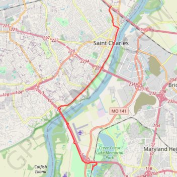 Creve Coeur Lakehouse Bar & Grill to Boschert Greenway New Town trail, distance, elevation, map, profile, GPS track